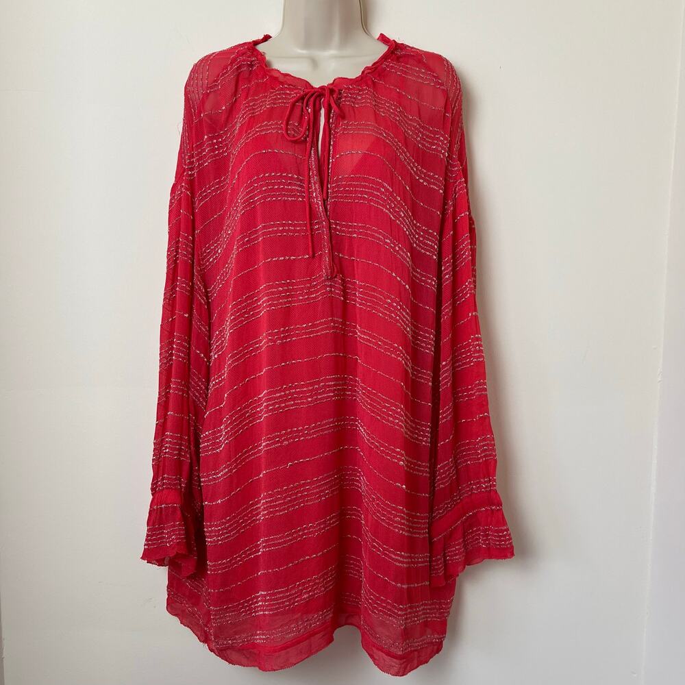 IRO Coral Pink Silver Embroidered Boho Ruffle Shift Dress 36
